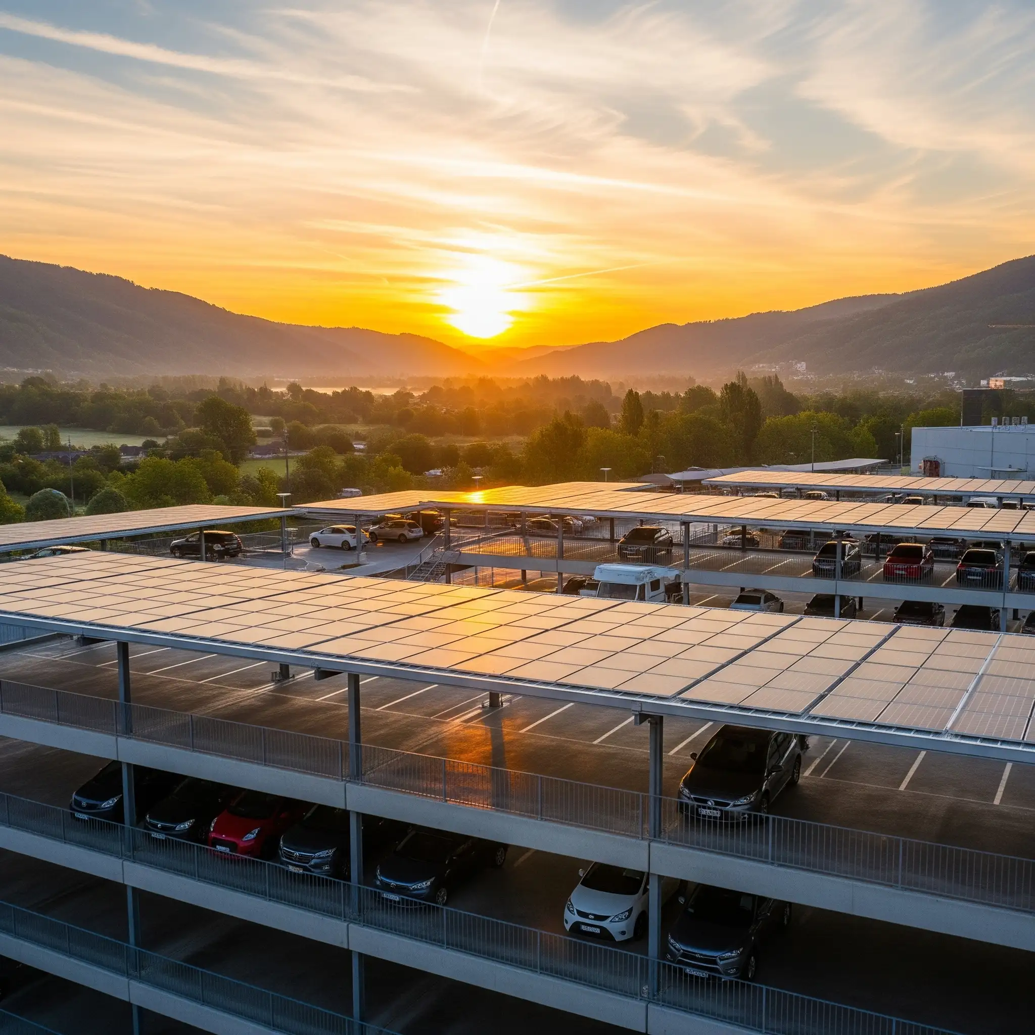 carpark with solar panels mountings carport sunrise